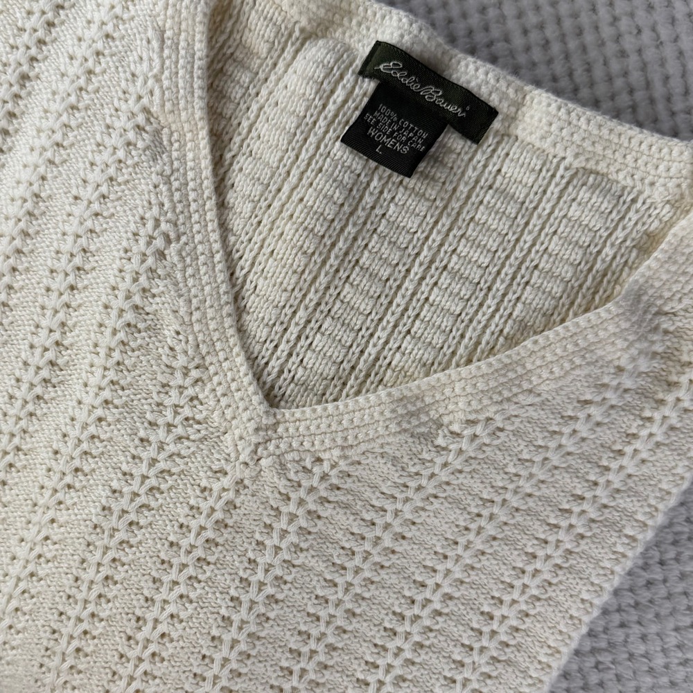 Vintage Eddie Bauer Womens Cream Cotton Pointelle Knit V-Neck Sweater Large L250